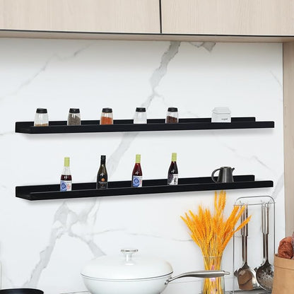 Long Floating Shelves for Wall 47 Inch,Real Wood Picture Ledge Shelf with Lip Set of 4,Photo Frame Storage Display for Living Room Nursery Bedroom Bathroom Kitchen Home Office Decor (Black)