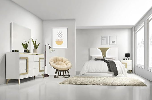 Kings Brand Furniture Claire 4-Piece Modern & Stylish Bedroom Set in White/Gold Finish - Bed Frame with LED Headboard, Dresser, Mirror and Nightstand (Queen)