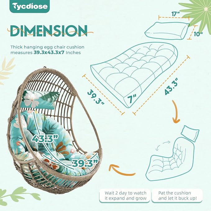Outdoor Hanging Egg Chair Cushion Replacement, Extra Large Waterproof Egg Swing Cushions with Headrest Pillow and Ties, U-Shaped Thickened Cushion for Hanging Eggs Chair (Cyan Floral Leaf)