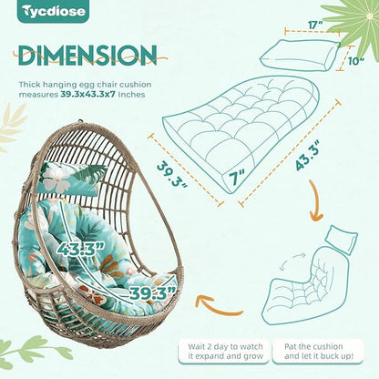 Outdoor Hanging Egg Chair Cushion Replacement, Extra Large Waterproof Egg Swing Cushions with Headrest Pillow and Ties, U-Shaped Thickened Cushion for Hanging Eggs Chair (Cyan Floral Leaf)