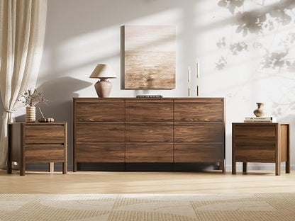 MAISONARIA Walnut 3-Piece Dresser Bedroom Set, 9 Drawers Dresser & 2 Drawer Nightstands with Hidden Handles, Wood Chest of Drawers for Bedroom, Living Room, Entryway