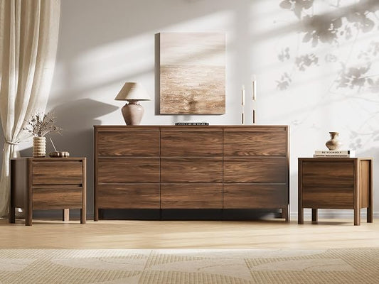 MAISONARIA Walnut 3-Piece Dresser Bedroom Set, 9 Drawers Dresser & 2 Drawer Nightstands with Hidden Handles, Wood Chest of Drawers for Bedroom, Living Room, Entryway