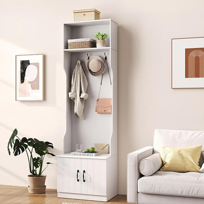 Giantex 3-in-1 Hall Tree with Bench and Shoe Storage, 23.5" Tall Coat Rack with Adjustable Shelves, 4 Hanging Hooks, 2-Door Cabinets, Modern Mudroom Storage Organizer for Living Room, Hallway