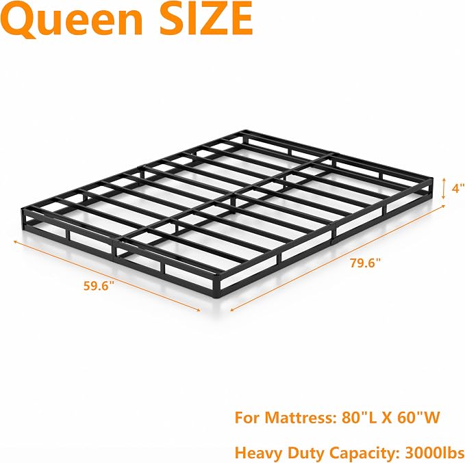 DORITRON 4 Inch Low Profile Box Spring Queen, 3000lbs Heavy Duty Queen Size Box Spring Bed Base Metal Mattress Foundation, Easy Assembly, Noise Free