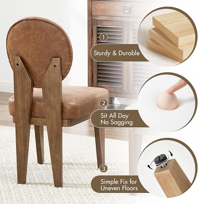 Hyfirm Mid-Century Modern Walnut Dining Chairs Set of 6, Vintage Brown Leather Wooden Kitchen Chairs, Retro Upholstered PU Cushioned Seat with Curved Backrest, Armless Accent Side Chair for Bedroom