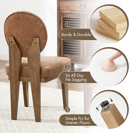 Hyfirm Mid-Century Modern Walnut Dining Chairs Set of 2, Vintage Brown Leather Wooden Kitchen Chairs, Retro Upholstered PU Cushioned Seat with Curved Backrest, Armless Accent Side Chair for Bedroom
