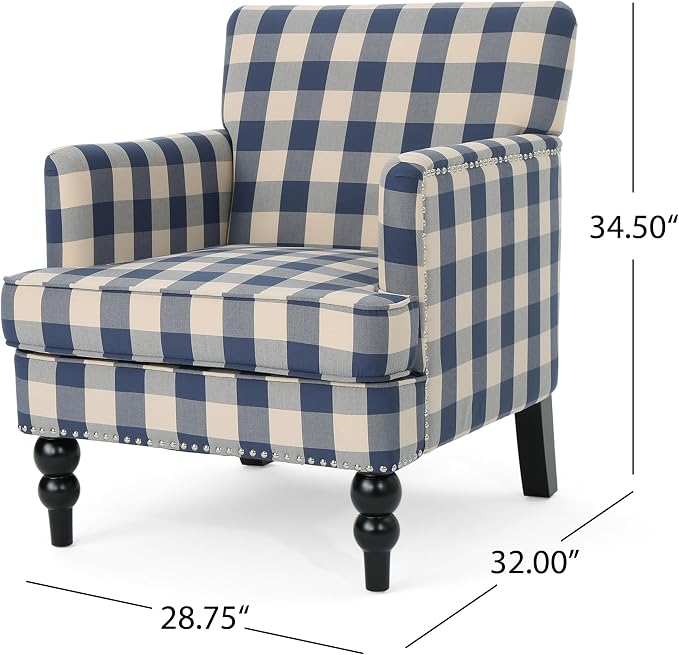 Christopher Knight Home Eve Modern Upholstered Club Chair, Wooden Living Room Accent Chair, Comfy Bedroom Reading Chair, Multifunctional Armchair, Blue Checkerboard