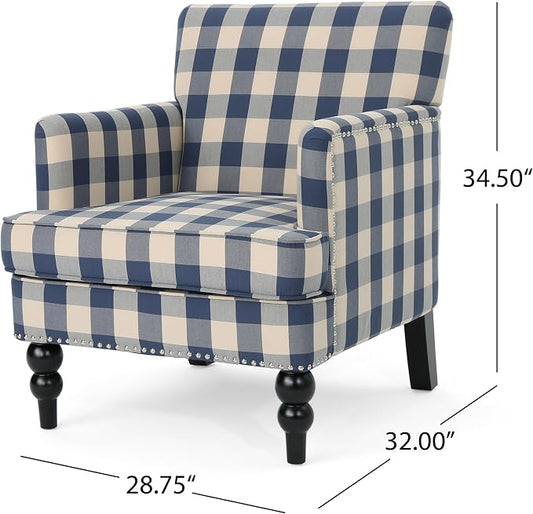 Christopher Knight Home Eve Modern Upholstered Club Chair, Wooden Living Room Accent Chair, Comfy Bedroom Reading Chair, Multifunctional Armchair, Blue Checkerboard
