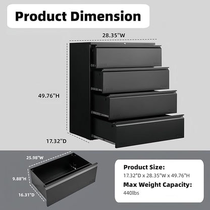 Approgreent Lateral 4 Drawer File Cabient with Lock, Metal Filing Cabinets for Home Office, Heavty Duty Office Storage Cabinet for A4/Letter/Legal (Matte Black)