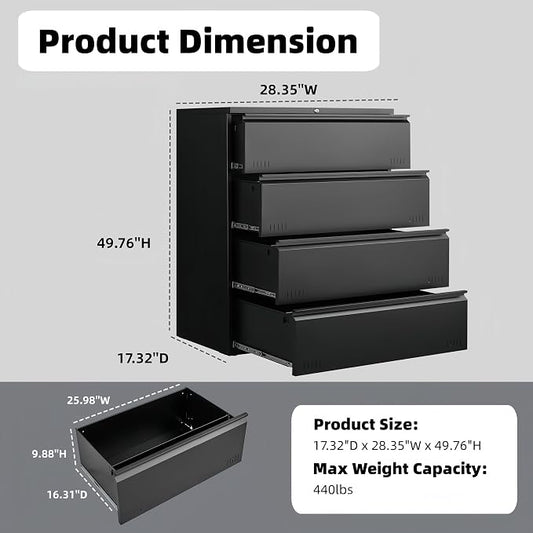 Approgreent Lateral 4 Drawer File Cabient with Lock, Metal Filing Cabinets for Home Office, Heavty Duty Office Storage Cabinet for A4/Letter/Legal (Matte Black)