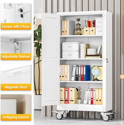 PAOFIN 61''H Metal Garage Storage Cabinet with Wheels,Steel File Cabinets with 2 Doors and 3 Adjustable Shelves for Home Office, Warehouse, Required Assembly,White