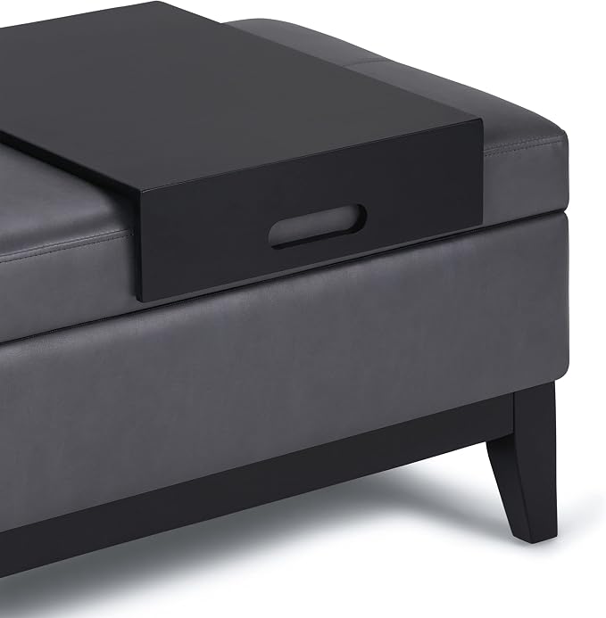 SIMPLIHOME Oregon Storage Ottoman Bench with Tray - 42 inch Wide Upholstered Vegan Leather Rectangle Storage Ottoman Bench in Stone Grey, Transitional Tufted Ottoman for Living Room with Lift-Up Lid