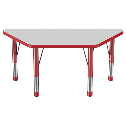 FDP Trapezoid Activity School and Classroom Kids Table (24 x 48 inch), Chunky Toddler Legs for Collaborative Seating Environments, Adjustable Height 15-24 inches - Gray Top and Red Edge