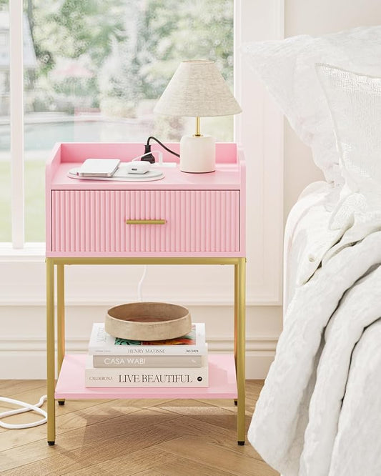Nightstand with Charging Station, 3-Tier Bed Side Table, Small End Table, Night Stand with Open Shelf and Drawer, Bedside Table for Bedroom, Living Room, Pink