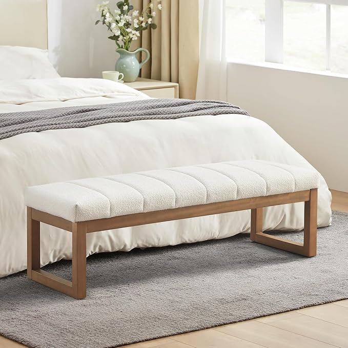 Zihanhome 52.7" Bedroom Bench for End of Bed, Modern Upholstered Teddy Fabric Entryway Bench & Dining Bench, Footrest Stool Bench with Solid Wood Frame for Bedroom, Living Room (Beige)