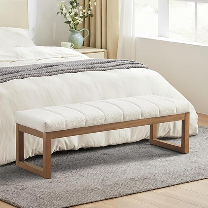 Zihanhome 52.7" Bedroom Bench for End of Bed, Modern Upholstered Teddy Fabric Entryway Bench & Dining Bench, Footrest Stool Bench with Solid Wood Frame for Bedroom, Living Room (Beige)