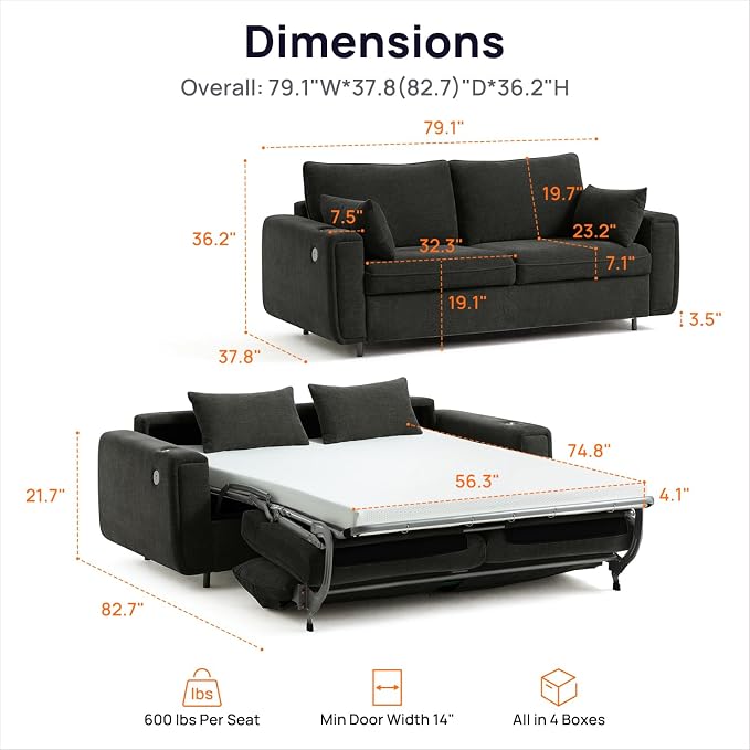 Pull Out Sofa Bed, No Cushion Removal, Queen Sleeper Sofa with USB Fast Charging, Memory Form Mattress, 2-in-1 Convertible Comfy Loveseat Couch Bed for RV, Apartment, and Small Spaces (Dark Grey)