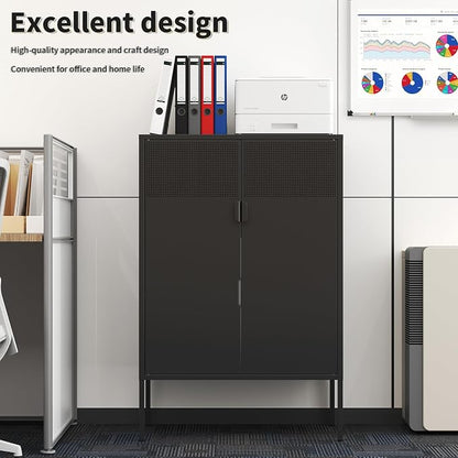 Black Metal Storage Cabinet with 2 Doors - 47''H Locker Cabinet, 3 Tier Locker Door with Adjustable Shelves,Metal Sideboard for Home, Living Room,Office Kitchen and Bathroom