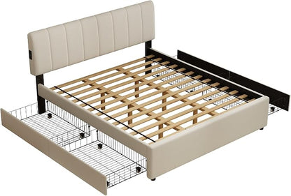 King Size Upholstered Platform Bed with 4 Storage Drawers | 4 Storage Drawers, USB/Type-C Charging,APP-Controlled LED Lights,No Box Spring Needed,Beige Chenille Fabric,Easy to Assemble
