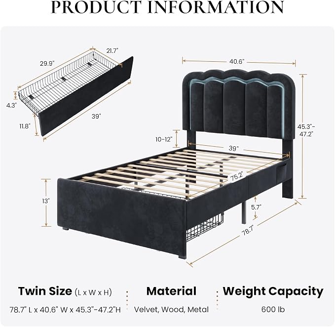 SHA CERLIN Upholstered Twin Size Bed Frame with LED Lights and Large Storage Drawer, Velvet Platform Bed with Adjustable Wavy Headboard, Noise Free, Easy Assembly, No Box Spring Needed, Soft Black