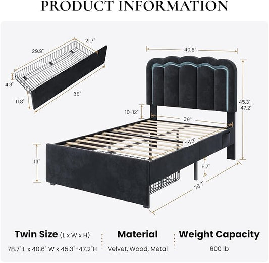 SHA CERLIN Upholstered Twin Size Bed Frame with LED Lights and Large Storage Drawer, Velvet Platform Bed with Adjustable Wavy Headboard, Noise Free, Easy Assembly, No Box Spring Needed, Soft Black