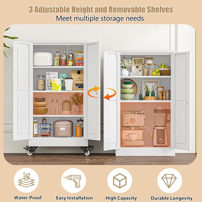 47" H Metal Pantry Storage Cabinet with Wheels,Rolling Kitchen Pantry Cabinet with 2 Doors and 3 Adjustable Shelves, Locker Steel Cabinet,Organization Cabinet for Garage,Home,Gym,School,White
