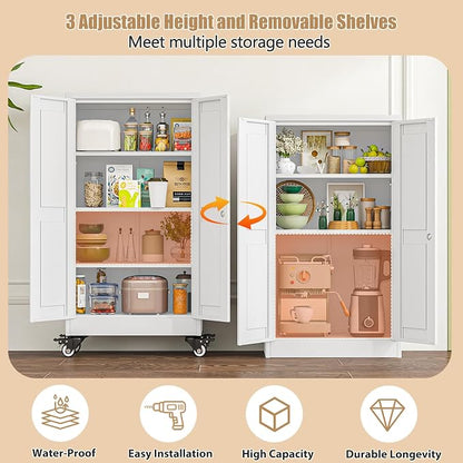 47" H Metal Pantry Storage Cabinet with Wheels,Rolling Kitchen Pantry Cabinet with 2 Doors and 3 Adjustable Shelves, Locker Steel Cabinet,Organization Cabinet for Garage,Home,Gym,School,White