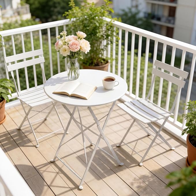 Grand patio 3-Piece Folding Bistro Set, 2 Chairs and 1 Table, Weather-Resistant Outdoor/Indoor Conversation Set for Patio, Yard, Garden-White