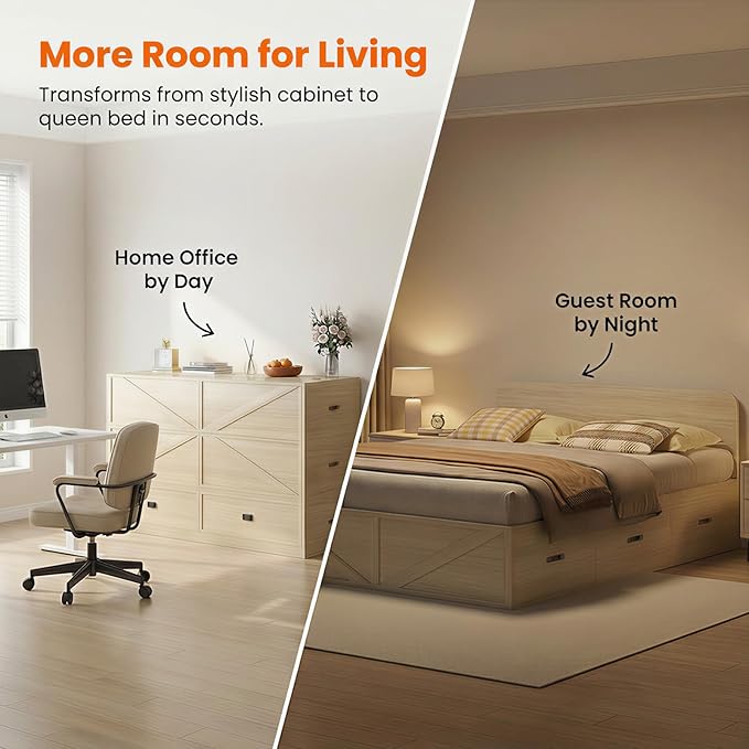 CECER 3-in-1 Queen Murphy Bed with Mattress for Small Space -Natural Wood | Multi-Functional Desgin that Converts to Sofa Set，Bed and Cabinet，Easy Assemble ＆ Conversion