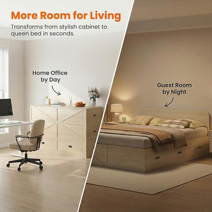 CECER 3-in-1 Full Murphy Bed with Mattress for Small Space -Natural Wood | Multi-Functional Desgin that Converts to Sofa Set，Bed and Cabinet，Easy Assemble ＆ Conversion