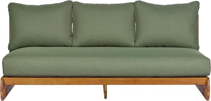 Merax Outdoor Acacia Wood Sofa with All-Weather Cushions, Patio Low 3-Seater Lounge Sofa for Porch, Lawn, Backyard, Balcony, Green+Teak