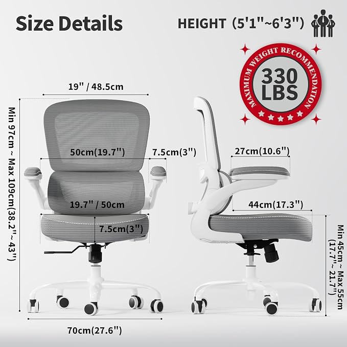 TRALT Ergonomic Office Chair - Desk Chair with Adjustable Lumbar Support Computer Chair - Mesh Comfy Chair with Flip-up Armrests - Gaming Chairs for Adults Home Office (Leather, Grey)