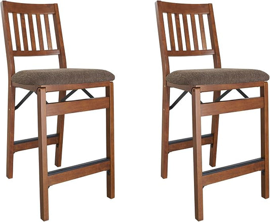MECO Stakmore Premium Solid Wood Dining Table Folding Counter Stools Set with Fabric Padded Upholstered Seat, Espresso (2 Pack)
