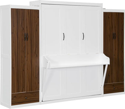 Queen Murphy Bed with Storage Wardrobes, Drawers and Drop-Down Desk | Space-saving wall bed with top LED lights, 500 lbs capacity and recommended 8-inch mattress fit for guest rooms or offices