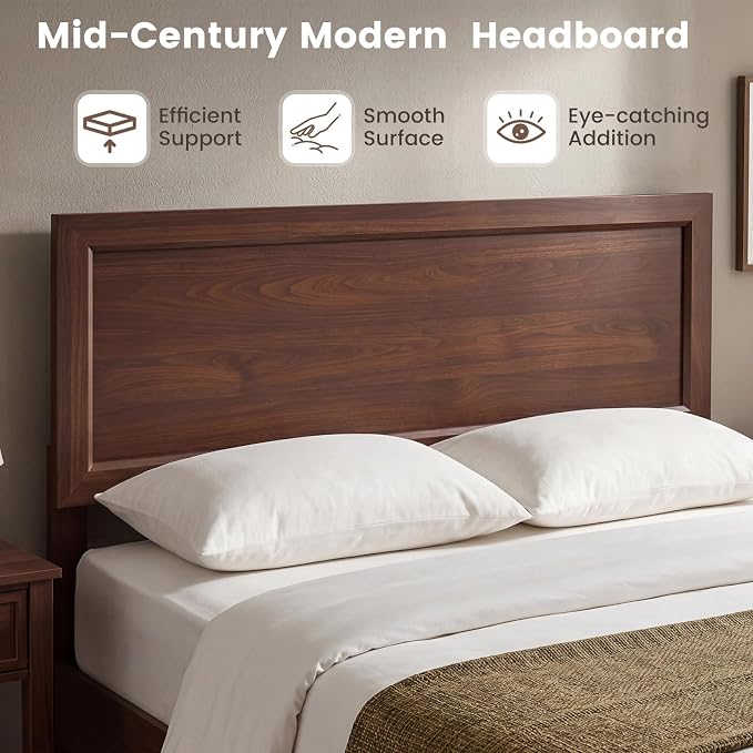 KOMFOTT Full Size Bed Frame, Mid-Century Modern Platform Bed with Headboard, Wooden Slat Support Mattress Foundation, Under-Bed Storage Space, No Box Spring Needed (Walnut,Full)