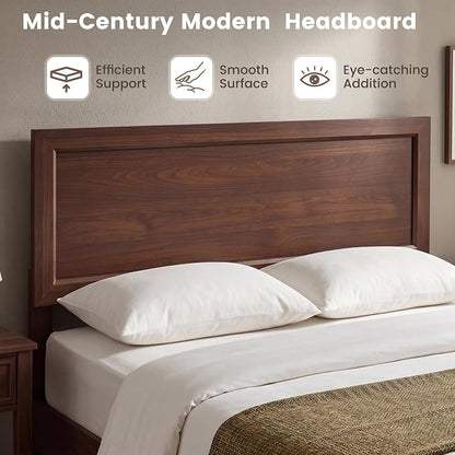 KOMFOTT Full Size Bed Frame, Mid-Century Modern Platform Bed with Headboard, Wooden Slat Support Mattress Foundation, Under-Bed Storage Space, No Box Spring Needed (Walnut,Full)