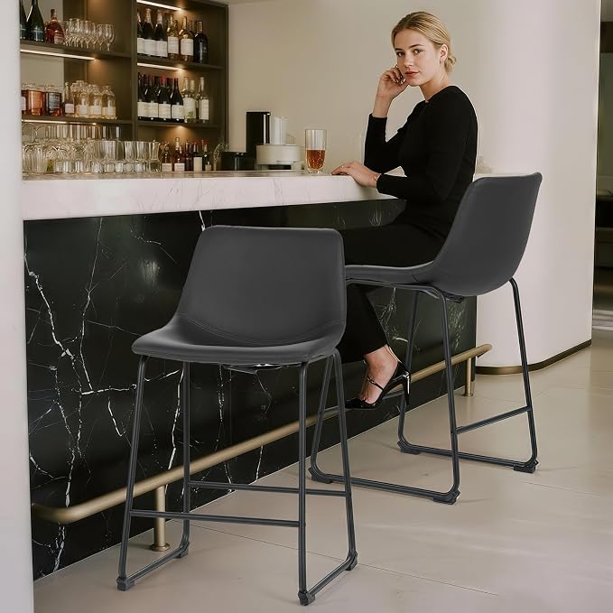 Athena Collection 23'' Counter Height Bar Stools Bar Chairs Set of 2 Modern PU Leather Bucket Chairs with Back Soft Foam Filled Metal Frame Bar Stools with Footrest for Pub, Bistro, Kitchen, Black