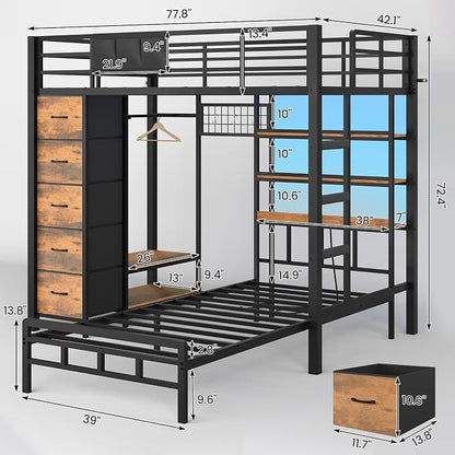 VIAGDO Bunk Bed Twin Over Twin with 5 Storage Drawers, Twin Bunk Beds with Charging Station and Lights, L-Shaped Metal Bunk Bed with Shelves, Bedside Pocket, Guardrail & Ladder for Kids, Teens, Black