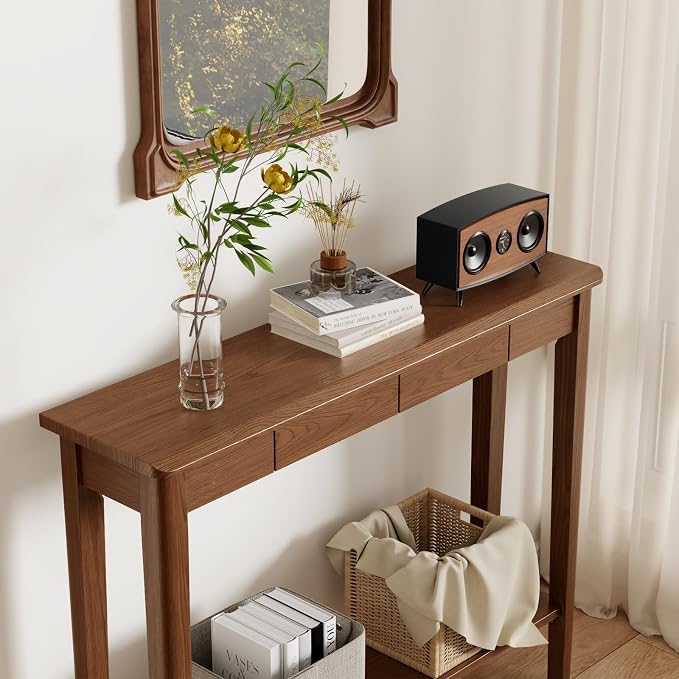 AQIMUELE Wood Console Table with Drawers, Walnut