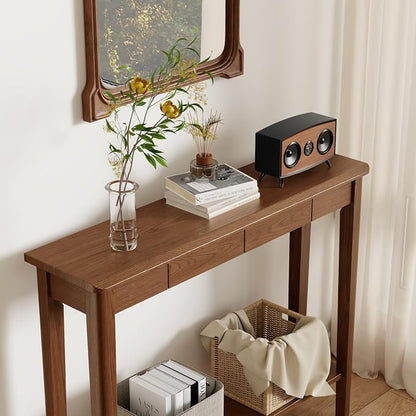 AQIMUELE Wood Console Table with Drawers, Walnut
