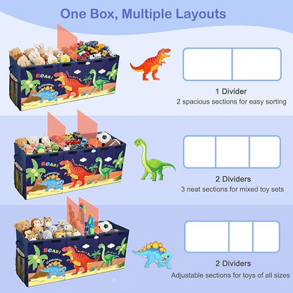 Unicorn Castle Toy Box with Adjustable Divider Toy Chest Storage Large Toy Storage Organizer Bin Collapsible with Lid Pockets for Nursery Playroom,Dark Blue Dinosaur