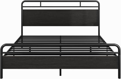 SHA CERLIN King Size Bed Frame with Vintage Industrial Wood Headboard, Heavy Duty Metal Platform with 12" Under-Bed Storage, Mattress Foundation, No Box Spring Needed, Noise-Free, Easy Assembly, Black