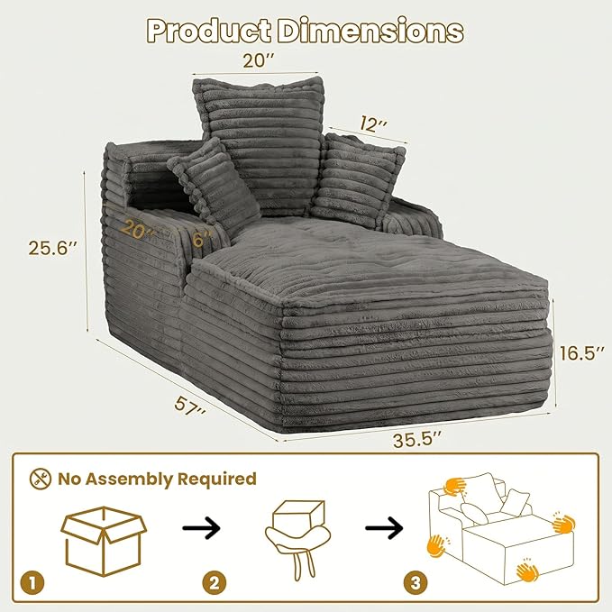 57 Inch Chaise Lounge Chair Indoor, Corduroy Upholstered Boneless Sofa Bed, Deep Seat Sleeper Couch Reading Chairs, Small Comfy Cloud Sofas Couches for Living Room, Bedroom, Grey