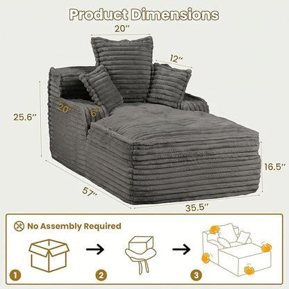 57 Inch Chaise Lounge Chair Indoor, Corduroy Upholstered Boneless Sofa Bed, Deep Seat Sleeper Couch Reading Chairs, Small Comfy Cloud Sofas Couches for Living Room, Bedroom, Grey