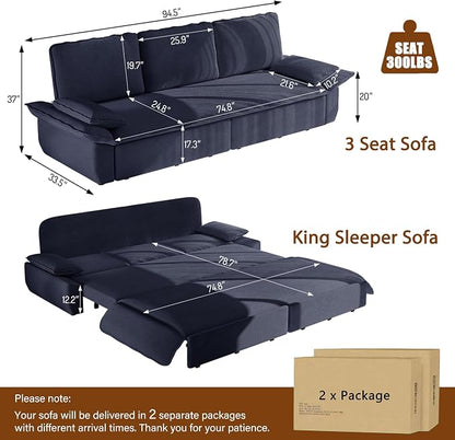 94.5" Pull Out Couch King Size, Futon Sofa Bed, 3-in-1 Convertible Sleeper Sofa Bed with Cushion Armrest, Modern Corduroy Loveseat Couches for Living Room, Small Space, Apartment, Dark Blue