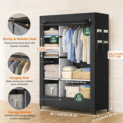 Simple Deluxe Wardrobe with lid, Clothes Rack for Hanging Clothes, 40.7"W x 17.5"D x 64.2"H Garment Rack，Max Load 143LBS，Black Rack with Black Cover