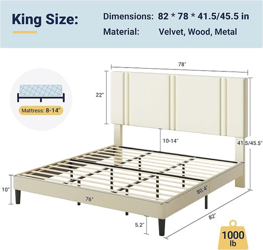 Allewie King Size Platform Bed Frame with Adjustable Headboard, Plush Velvet Upholstered, Vertical Channel Tufted, Sturdy Wooden Slats, No Box Spring Needed, Easy Assembly, Cream