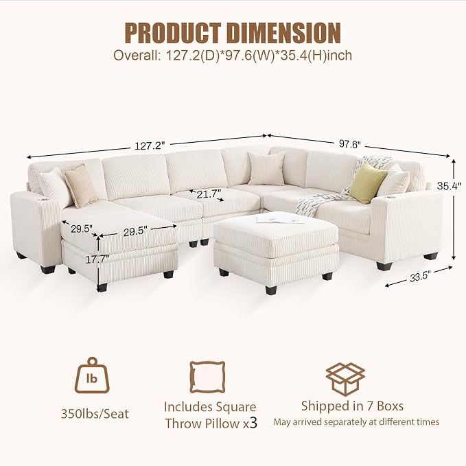 127" Modular Sectional Sofa with Storage, Corduroy 8-Seater V-Shaped Sofa with Ottoman Chaise, Convertible L-Shaped U-Shaped Cloud Sectional Couches for Living Room, Apartment