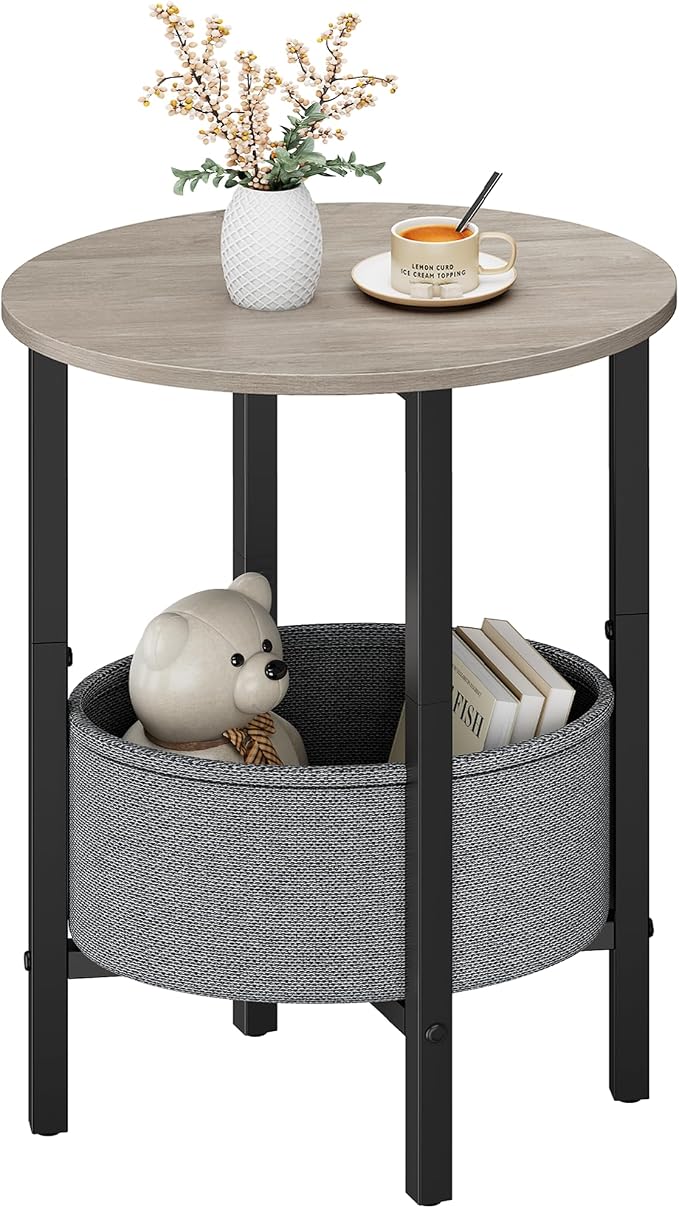 Vagusicc Round Side Table End Table with Storage Basket, Small Side Table Round Nightstand for Small Spaces, Tall Oval End Table with Steel Frame, Coffee Bedside Table for Living Room Bedroom, Greige