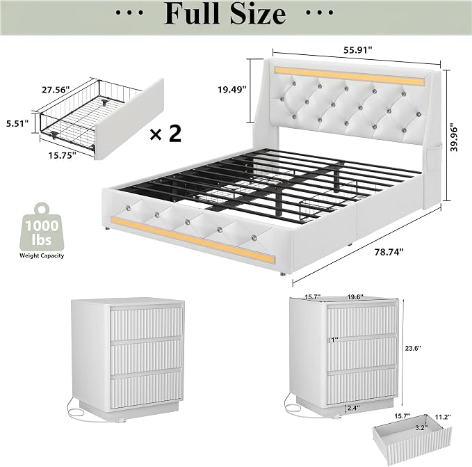 5 Pieces Full Bedroom Set, PU Fabric Metal Bed Frame with Charge Port& LED, 6 Tier Rotating Bookshelf, Vanity Table with Sliding Light Mirror& Hair Dryer Holder, 2 Nightstands with Charge
